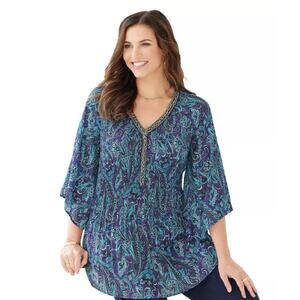 Catherines 2X Plus Womens Deep Teal Paisley Print Bejeweled Pleated Blouse Top